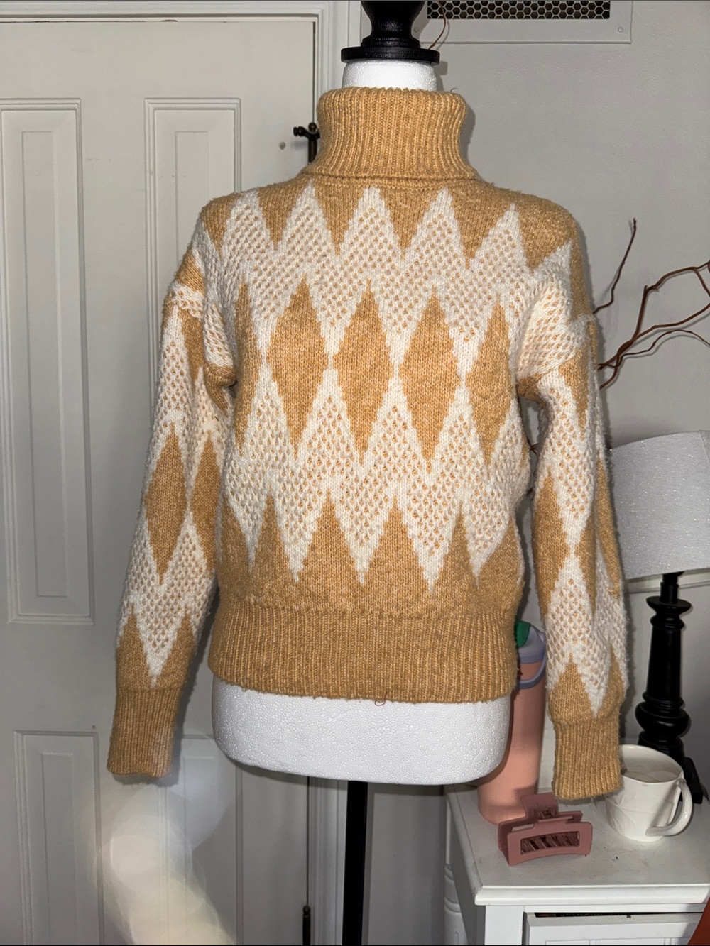 Mustard and Cream Turtleneck Sweater